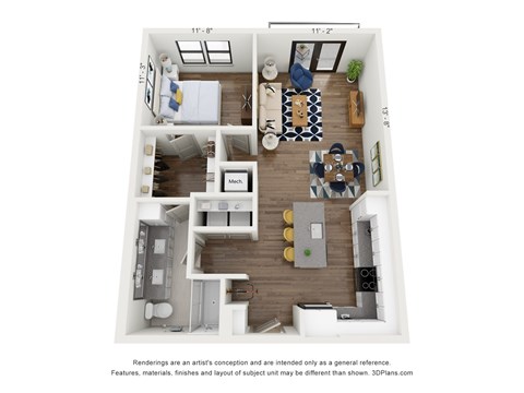 Floor plan for 1 bed, 1 bath, 852 sqft